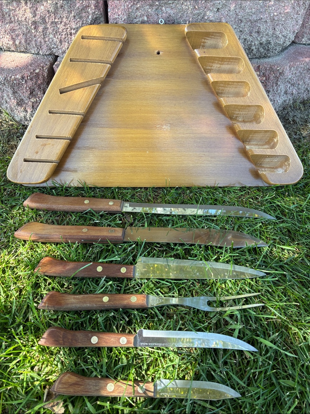 Vintage MCM Household Surgical Stainless USA Knife Set with Wall Mount Wood Rack